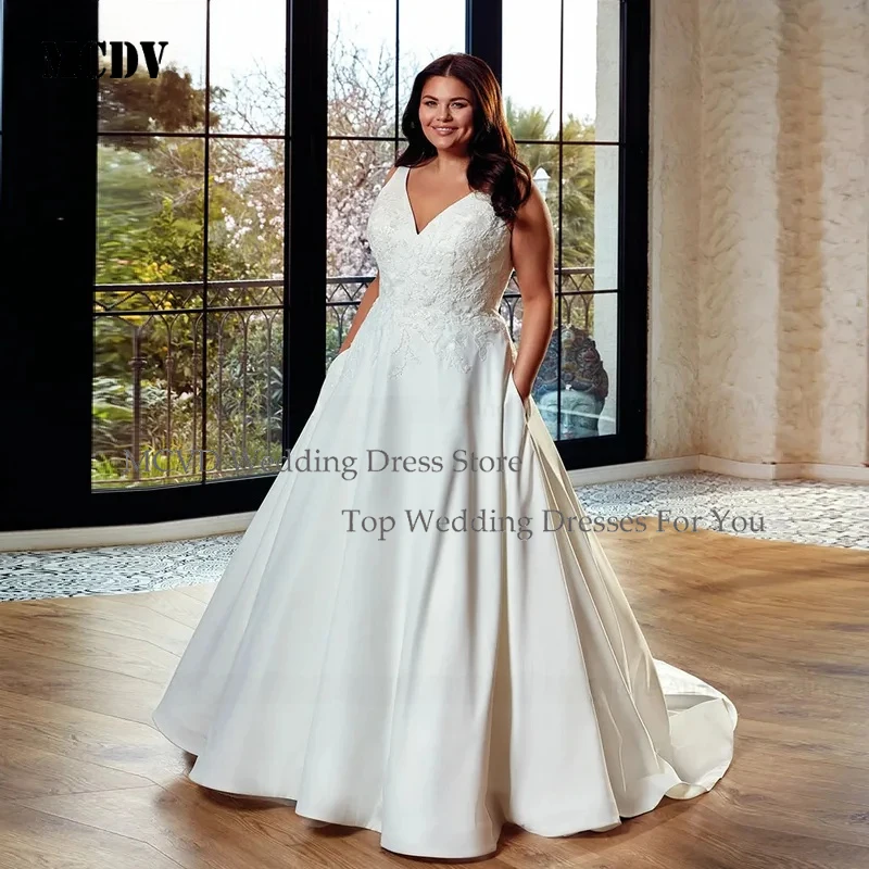 

MCDV 2025 Exquisite Custom A Line V Neck Sleeveless Long Wedding Dresses Plus Size Bridal Gowns