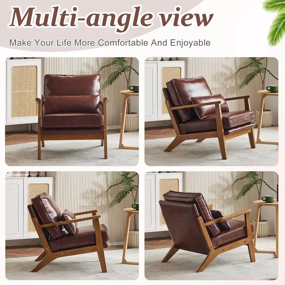 Coffee chair with wide armrests in solid wood, mid-century modern chair with pillows, comfortable armchair, chair living room