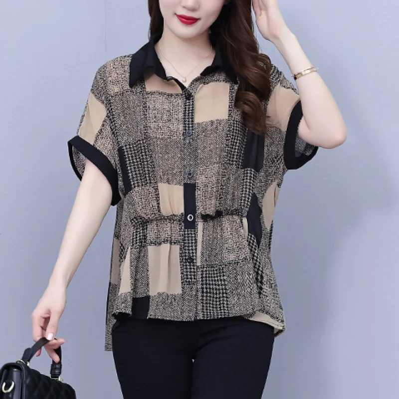 Women Summer Fashion Loose Large Size Appear Thin Plaid Turn-down Collar Short Sleeve Chiffon Shirts Ladies Casual Trend Top Tee