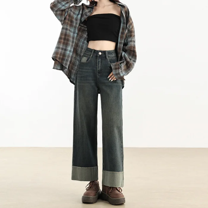 

Ladies' Comfortable High-waisted Nine-inch Wide-leg Jeans.Spring's New Fashionable and Versatile,Casual Loose Straight-leg Jeans