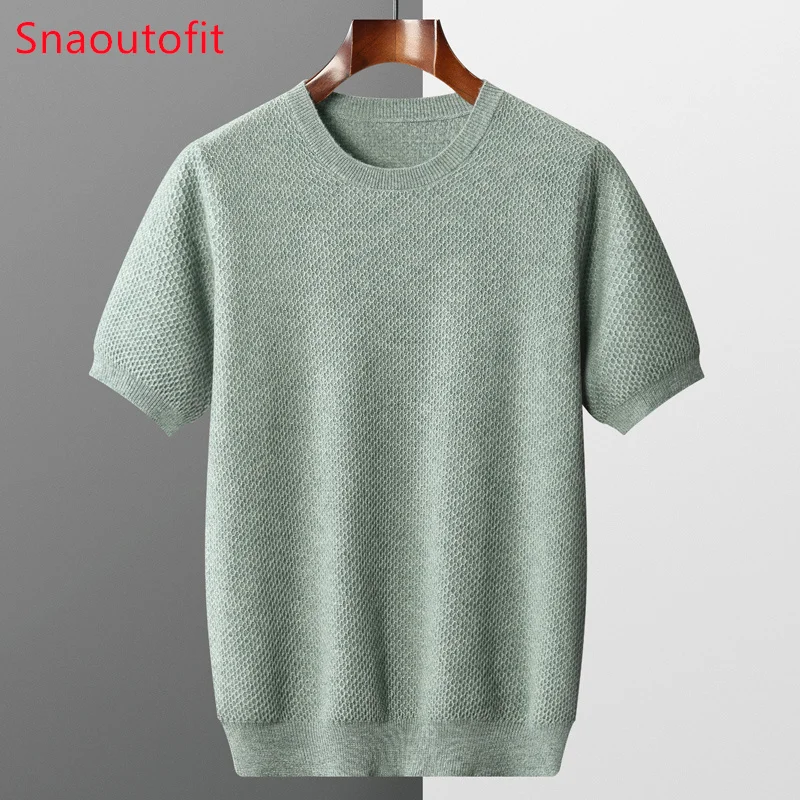 Spring and Summer Men\'s Short Sleeved Pure Wool Knitted T-Shirt O-neck Beehive Pullover for Men Success Business Casual Sweater