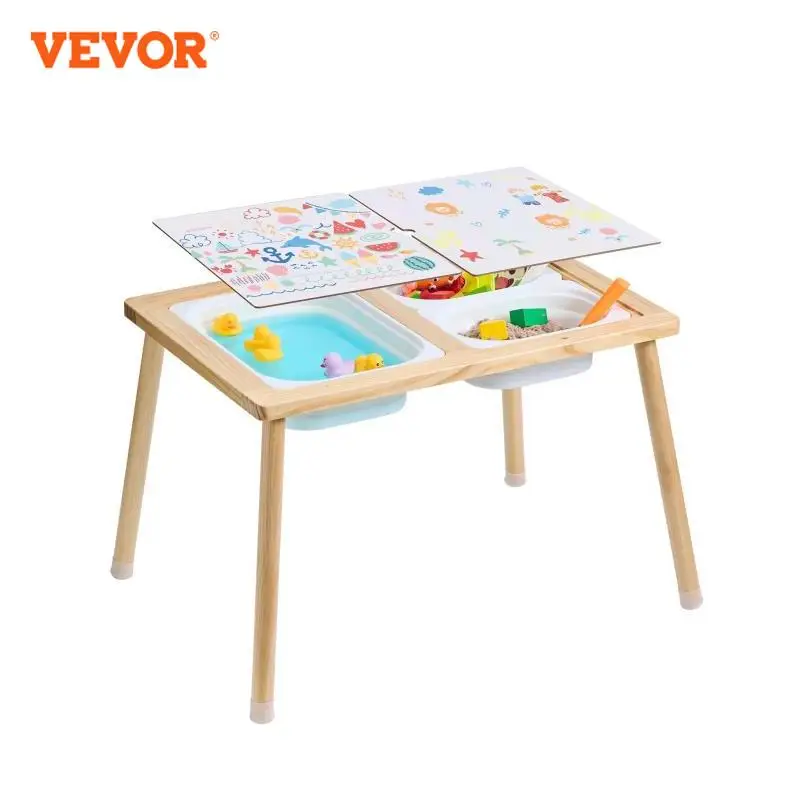 VEVOR Wooden Sensory Table for Kids Activity with 3 Foldable Storage Bins&Double-Sided Board Indoor/Outdoor for Drawing Studying