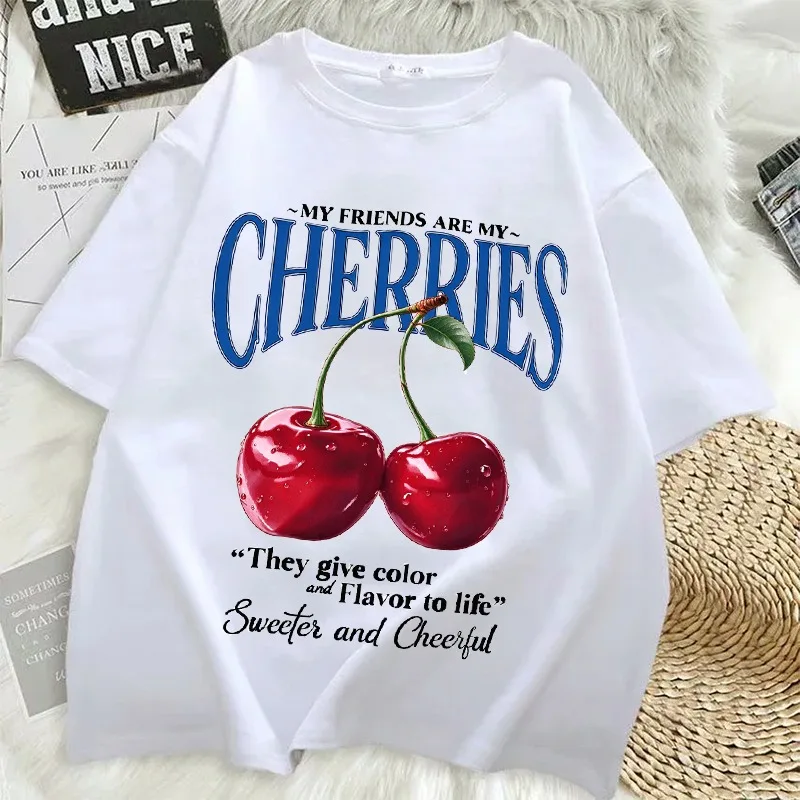 Summer Sweeter Cherries Prints T-Shirts Womens O Neck Short Sleeve Tops Woman Casual Chic Clothes Minimalist Fresh And Stylish