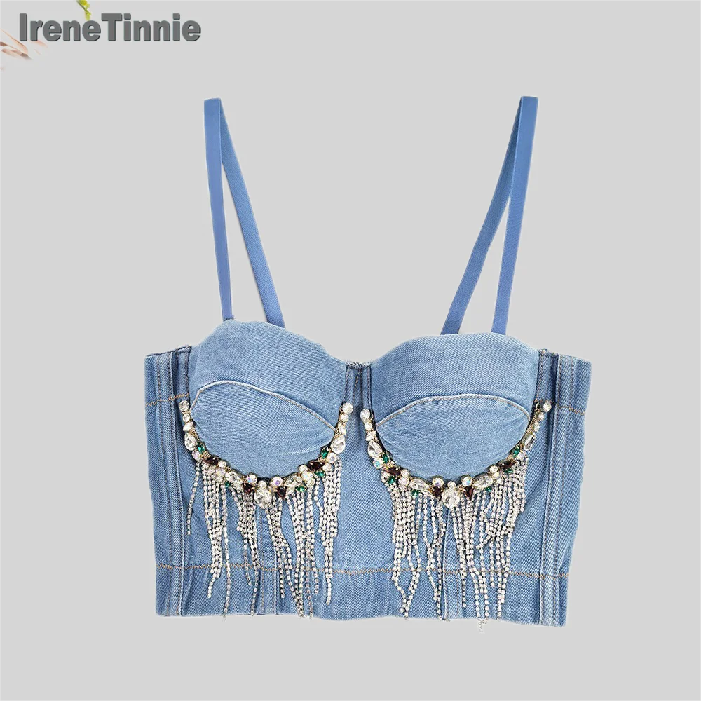 IRENE TINNIE Y2K Colorful Diamond Tassel Chain Camisole Push Up Bustier Bra Female Nightclub Party Short Tank Top Cropped Top