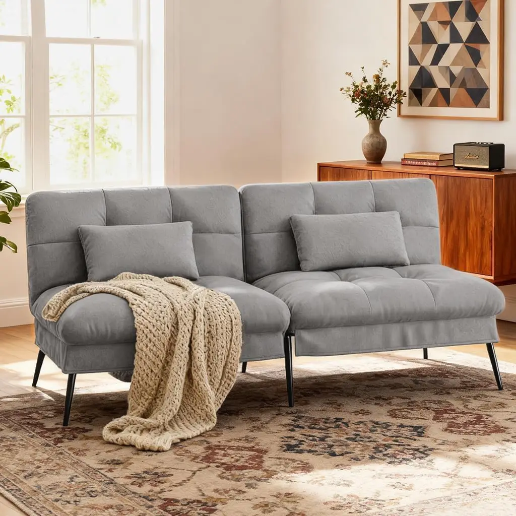 Convertible Futon Sofa Bed with Adjustable Backrest & Pillows, Multi-angle Reclining Sleeper for Living Room, Grey, Customized