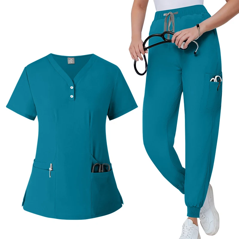 Men Women Doctors Nurses Surgical Suit Solid Color V-neck Pocket Elastic Quick-drying Top+pants Oral Dental Surgery Uniform Set