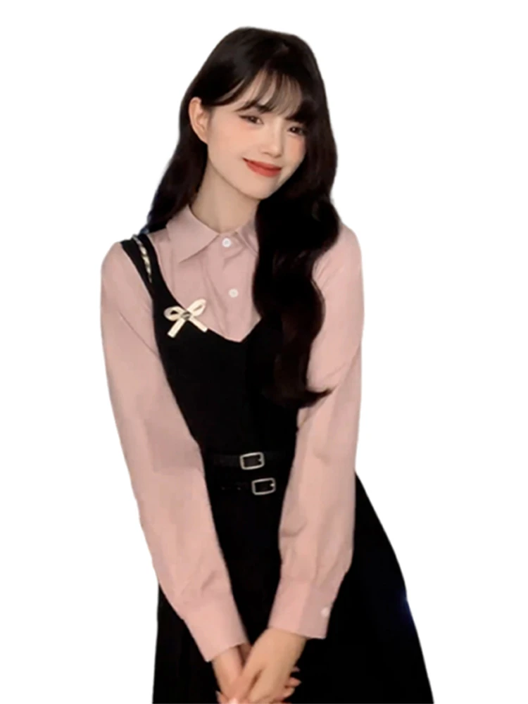 Jupe longue en Faux deux pièces pour fille, style coréen, bretelles Dr, taille haute, en Fiber de Polyester douce et confortable, automne et hiver