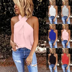 Chiffon Shirt Women Strappy Cross Over Halter Neck Tank Top Backless Crop Top Bandage Vest Elegant Sexy Tops Sleeveless Blouses