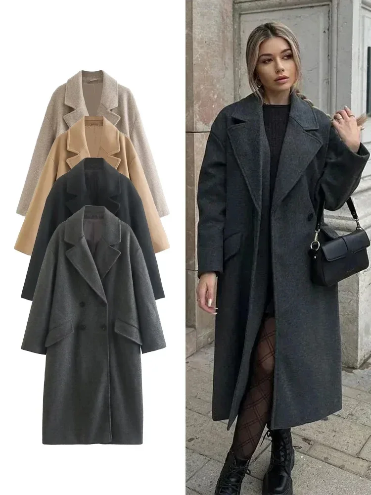 2024 Women\'s New Double-Breasted Warm Trench Coat Fall And Winter Fashion V-Neck Long-Sleeved Pocket Tweed Coat Women Long Coat