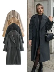 Gabardina cálida de doble botonadura para mujer, abrigo largo de Tweed con bolsillo y cuello en V, manga larga, moda de otoño e invierno, 2024