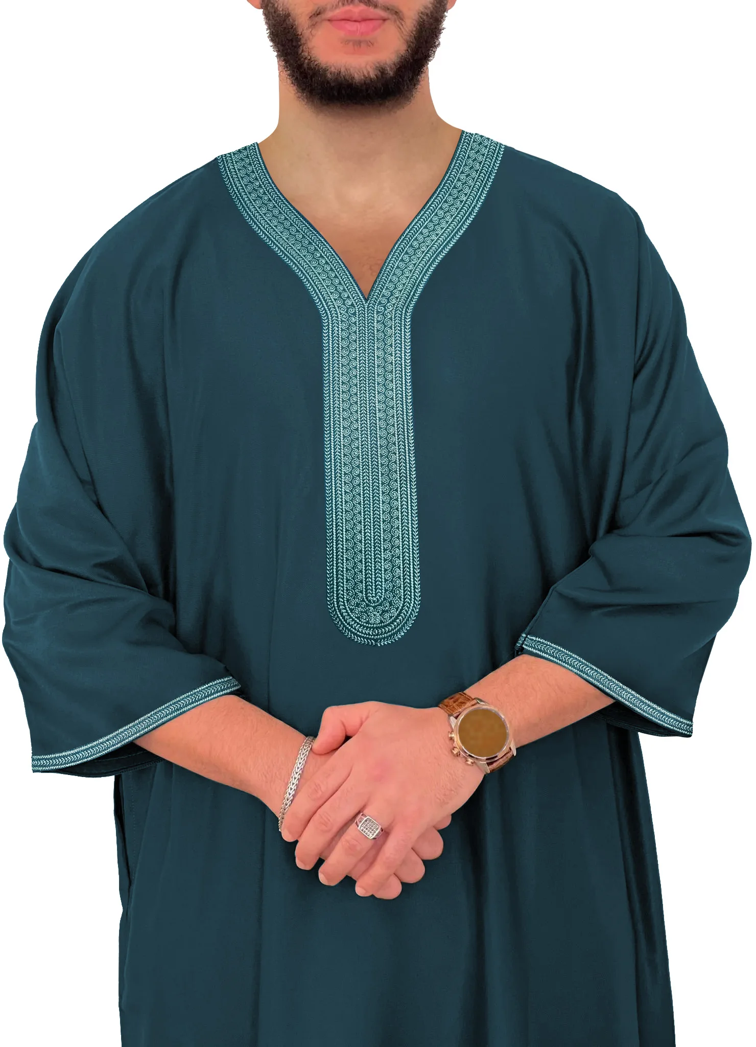 2025 Men's Moroccan Embroidered Green Robe Muslim thobe with Side Pockets, Islamic Clothing, short sleeves Robe Ramadan