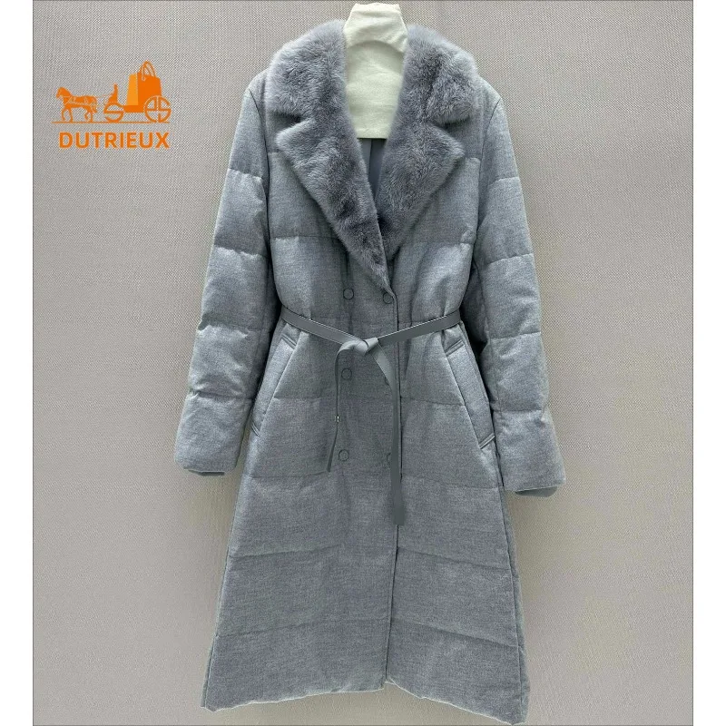 Novo inverno para baixo jaqueta para mulher luxuoso elegante lapela longa 15% caxemira 85% casaco de lã 90 branco ganso para baixo jaqueta gola de pele de vison