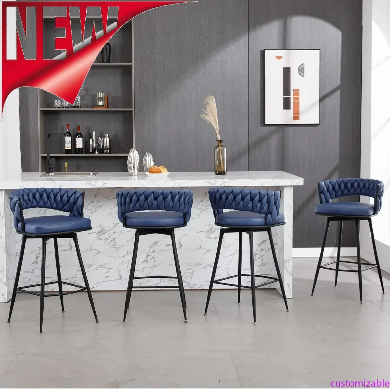 Set di 4 sgabelli da bar personalizzabili ad altezza bancone, moderni sgabelli da bar in finta pelle scamosciata, 180 ° Sedie da bar girevoli ad altezza