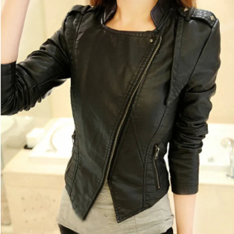 MRstuff-Blouson en cuir PU femme, court, slim, col montant, rivet, flambant neuf, 2024