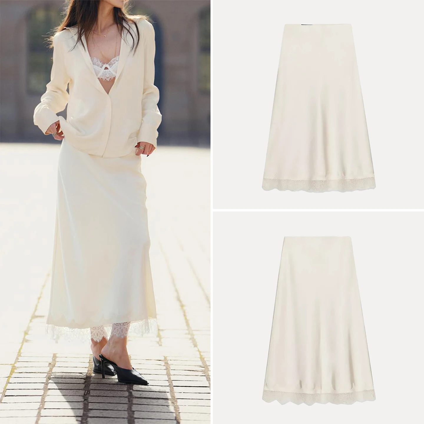 

Elegant Simple Lace Midi Skirt High Waist Women's Spring Fashion High Waist Lace Decoration Half Body Skirt Standard Fit