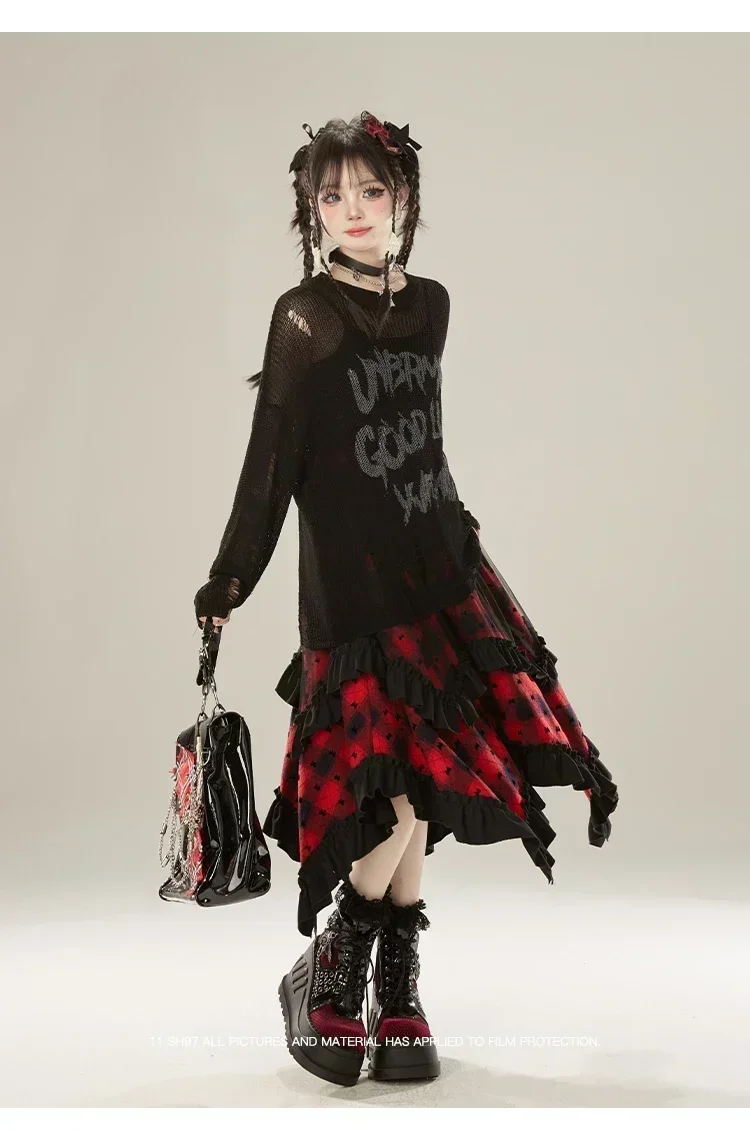 Ruibbit High-quality Gothic Red Plaid Skirt Irregular Half Skirt Lace Patchwork A-LINE Ball Gown Pleated Skirt Hotsweet Y2k