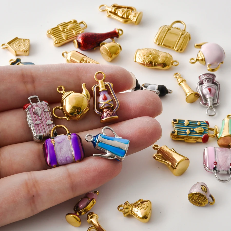 6Pcs Retro European Style Enamel Charms 3D Stereo Kettle Suitcase Lantern Money Bag Vase Pendants DIY Bracelet Necklace Jewelry