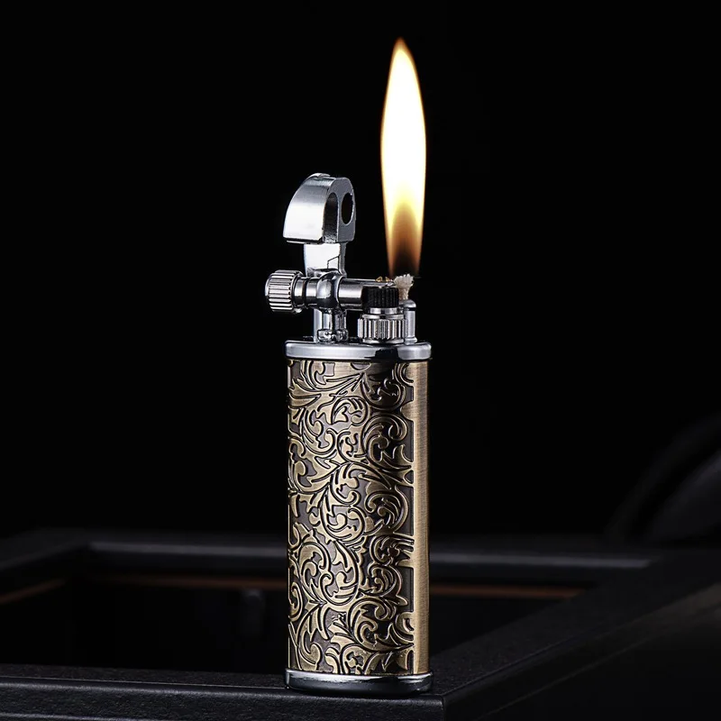Vintage Engraved Pattern Flint Lighter, Open Flame, Metal, Raised Arm, Grinding Wheel Ignition, Men\'s Gadgets