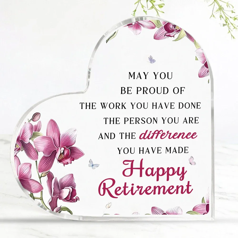 Happy Retirement Acrylic Heart Sign, Inspirational Quote Tabletop Ornament Retirement Keepsake Present for Her Coworker Leaving Gifts Going Away Gifts,