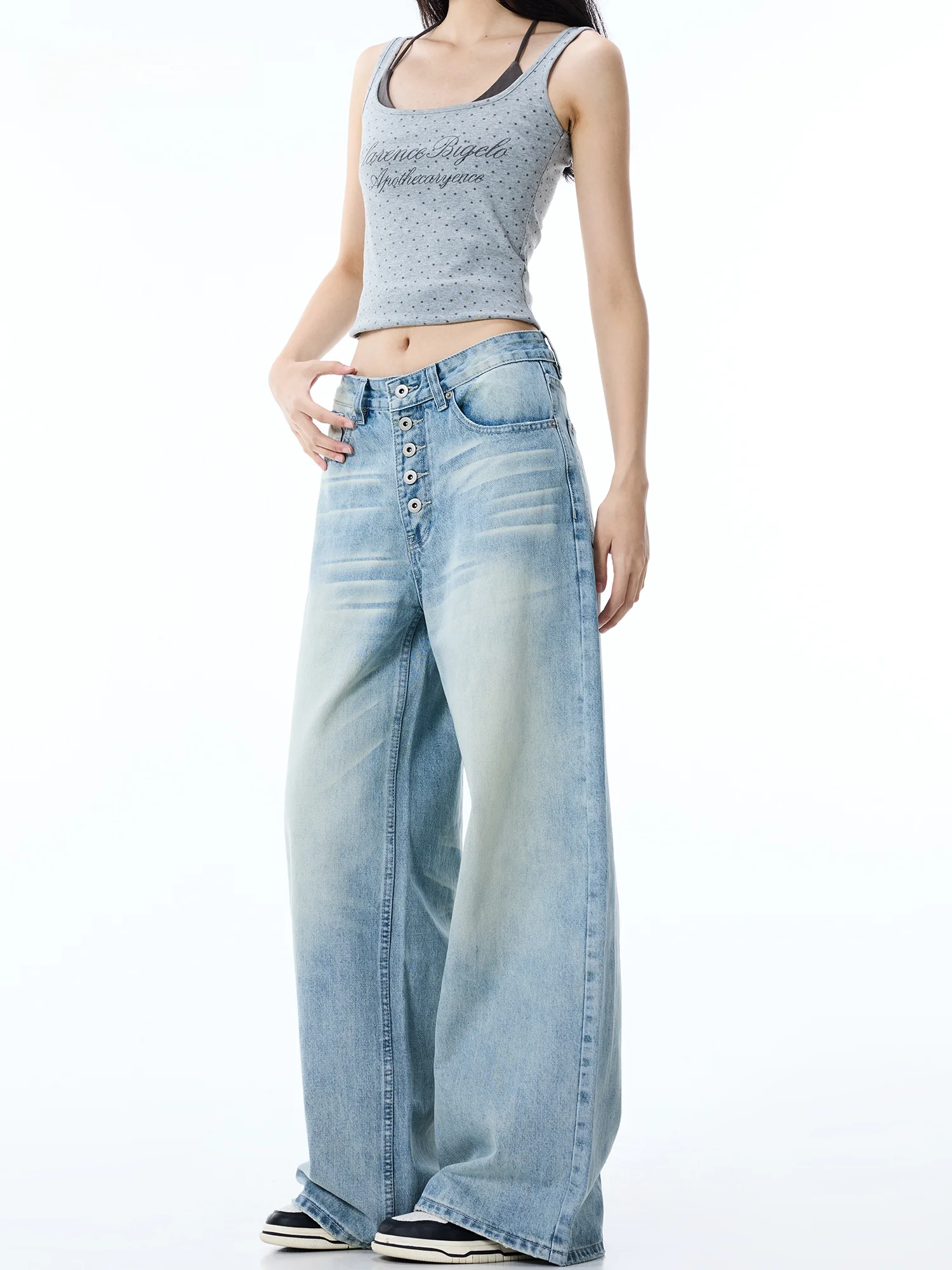 Early Autumn High Waist Wide Leg Straight Cut Denim Jeans Women's American Retro Loose Fit Floor Length Pants Casual Style