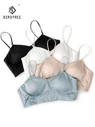 BirdTree, Lining 100%Real Silk Sexy Bra, Women Wire Free Thin, Breathable Solid Simplicity Underwear, 2024 Summer New P44162QC