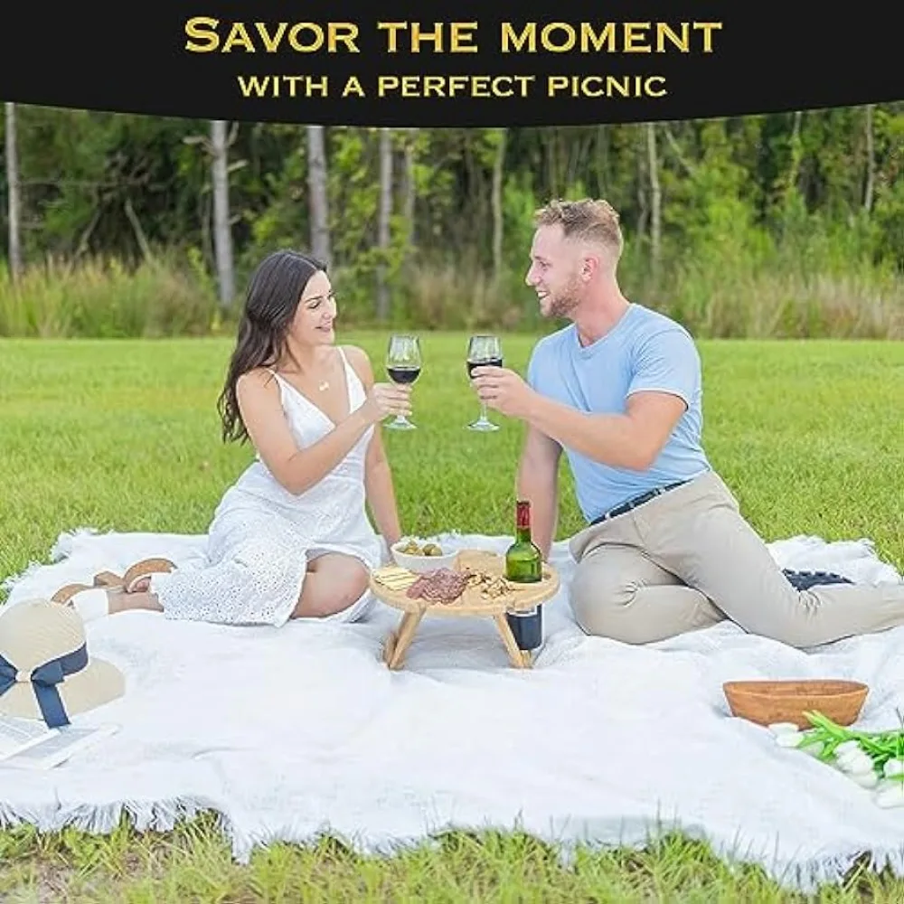 BREEZIFY Folding Portable Wine Picnic Table with Carry Bag, Clever Gifts Women, Outdoor Picnic Accessories Essentials, Bamboo