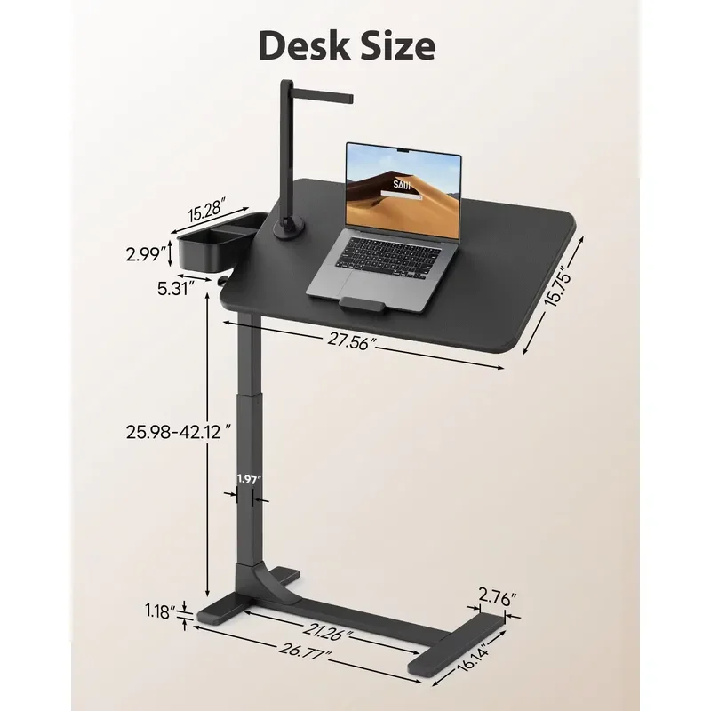 SAIJI New Extended TV Tray Bedside Table with Hidden Wheels Magnetic Surface Height & Angle Adjustable LED Light