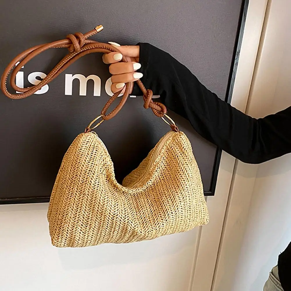 Tas Selempang Kecil Trendi Aksesori Siswa Modis Tas Jerami Bohemian Tas Selempang Pantai Tenun Tas Kurir Bahu