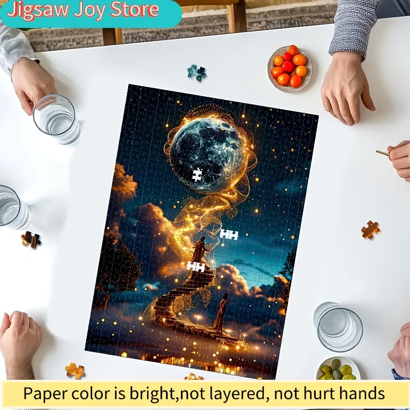 จิ๊กซอว์สำหรับผู้ใหญ่ 1000 ชิ้น - ขนาด 19.69x27.56 นิ้ว ฉากการลงจอดบนดวงจันทร์และจักรวาลเต็มไปด้วยดวงดาว พร้อมแสงสีทอง ติดผนังได้ สำหรับสปา