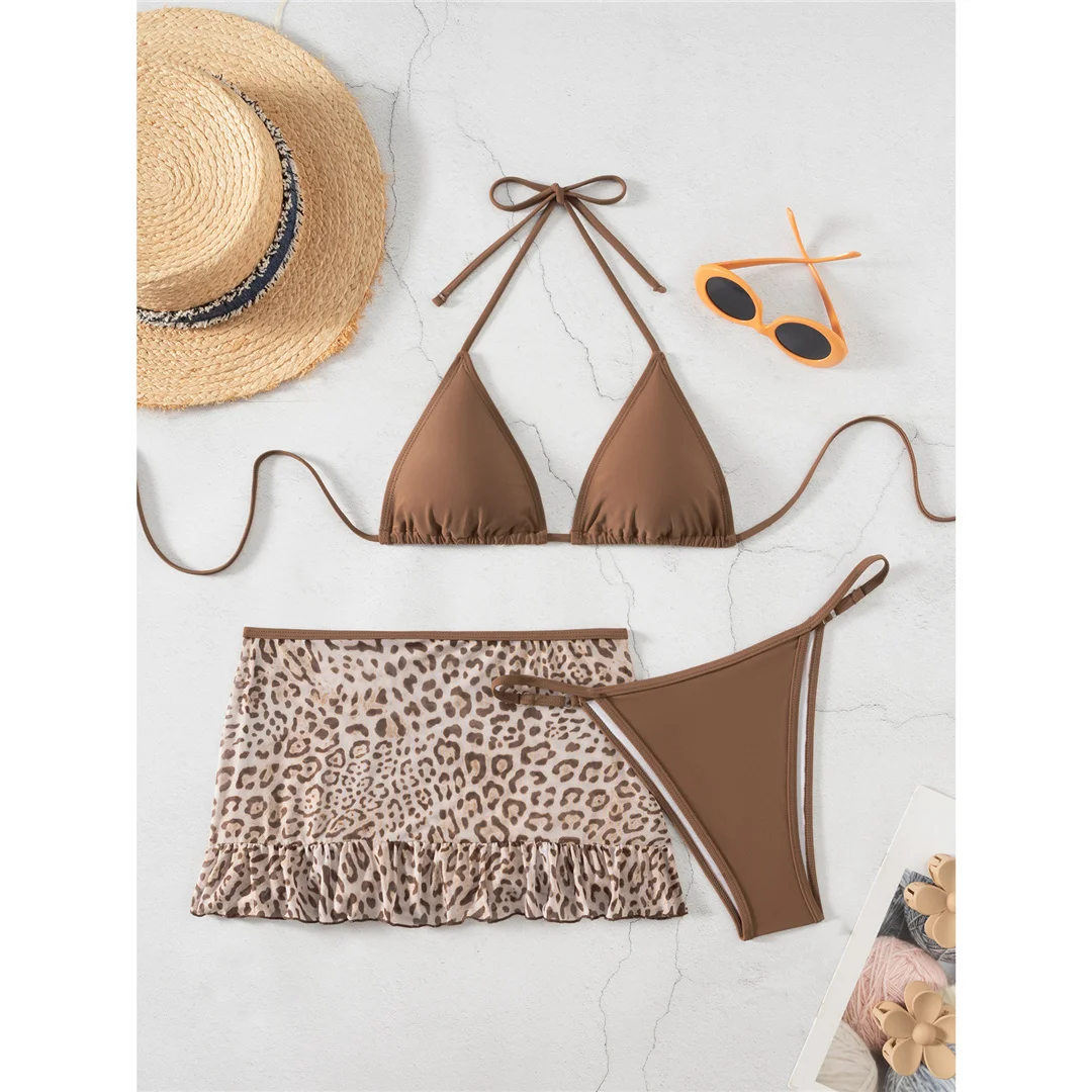 Mit Leopardenmuster-Rock, Neckholder-Bikini, Damen-Badeanzug, dreiteiliges Bikini-Set, Badebekleidung, Badeanzug, Schwimmanzug V8325 – Detail 2