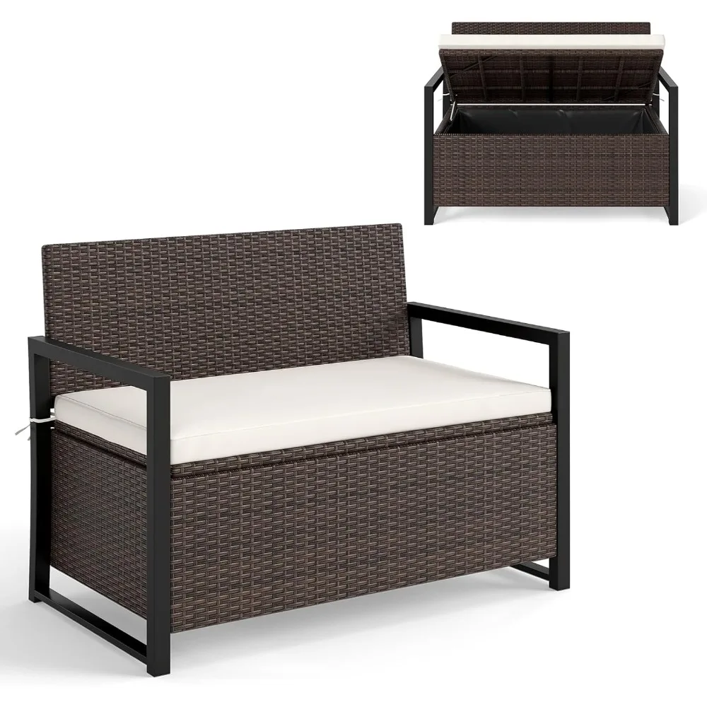 

40 Gallon Outdoor Bench with Storage, Patio Wicker Storage Bench with Cushion, Cover, Metal Frame, Deck Box Seat for Backyard,