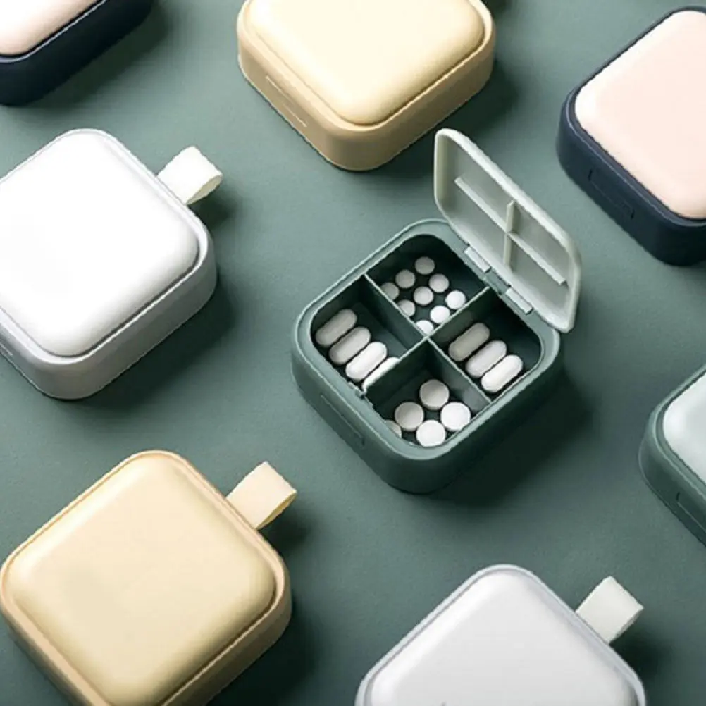 1Pcs Premium Mini Pill Box with 4 Separate Compartments Portable Medicine Organizer Compact Travel Pill Case for Home Office Gym