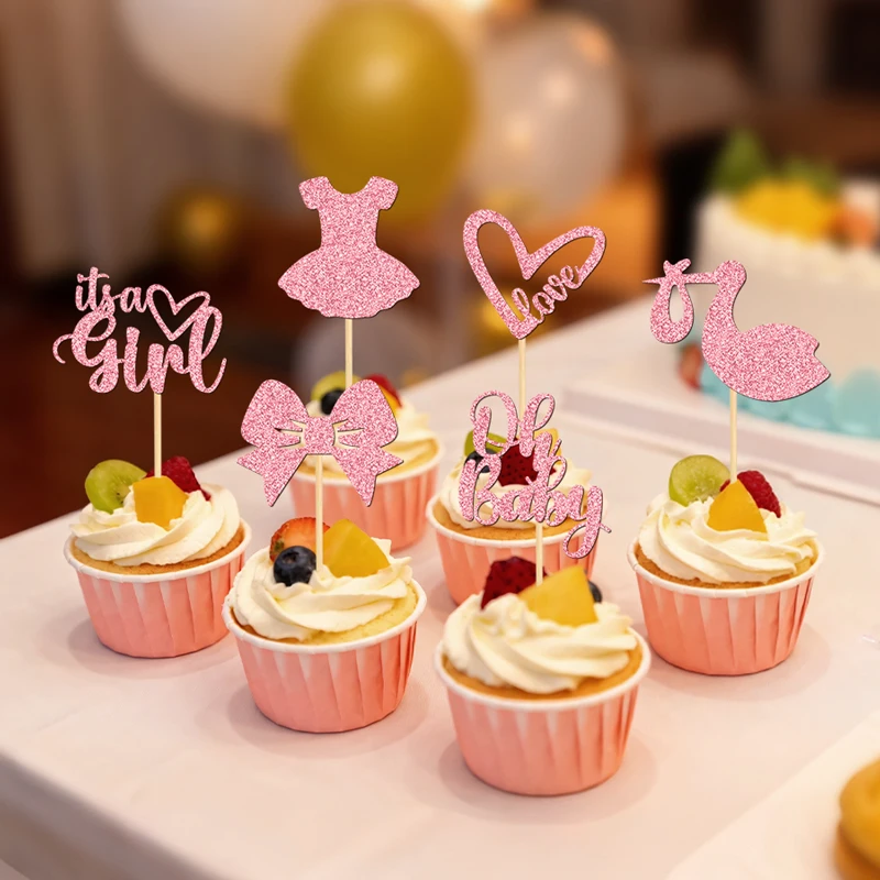 YOMDID 24 Stück Baby-Shower-Cupcake-Topper, Gender-Reveal-Kuchenaufsätze, Glitzer-Liebesherzen, Liebes-Schriftzug, Schleifenkleid-Cupcake-Dekorationen