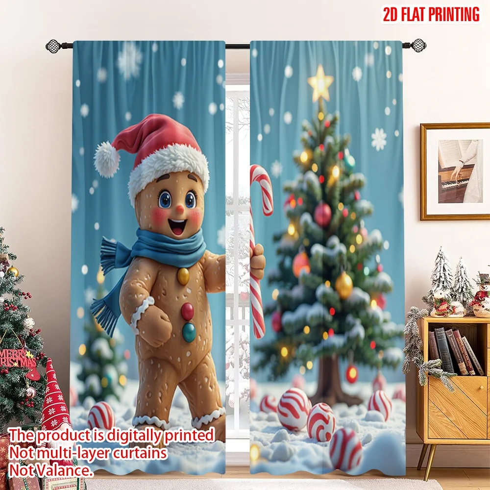 

2pcs 2D flat printing Christmas Scene Curtain Gingerbread Man Christmas Holiday Snow Polyester Fabric Without Electricity Party
