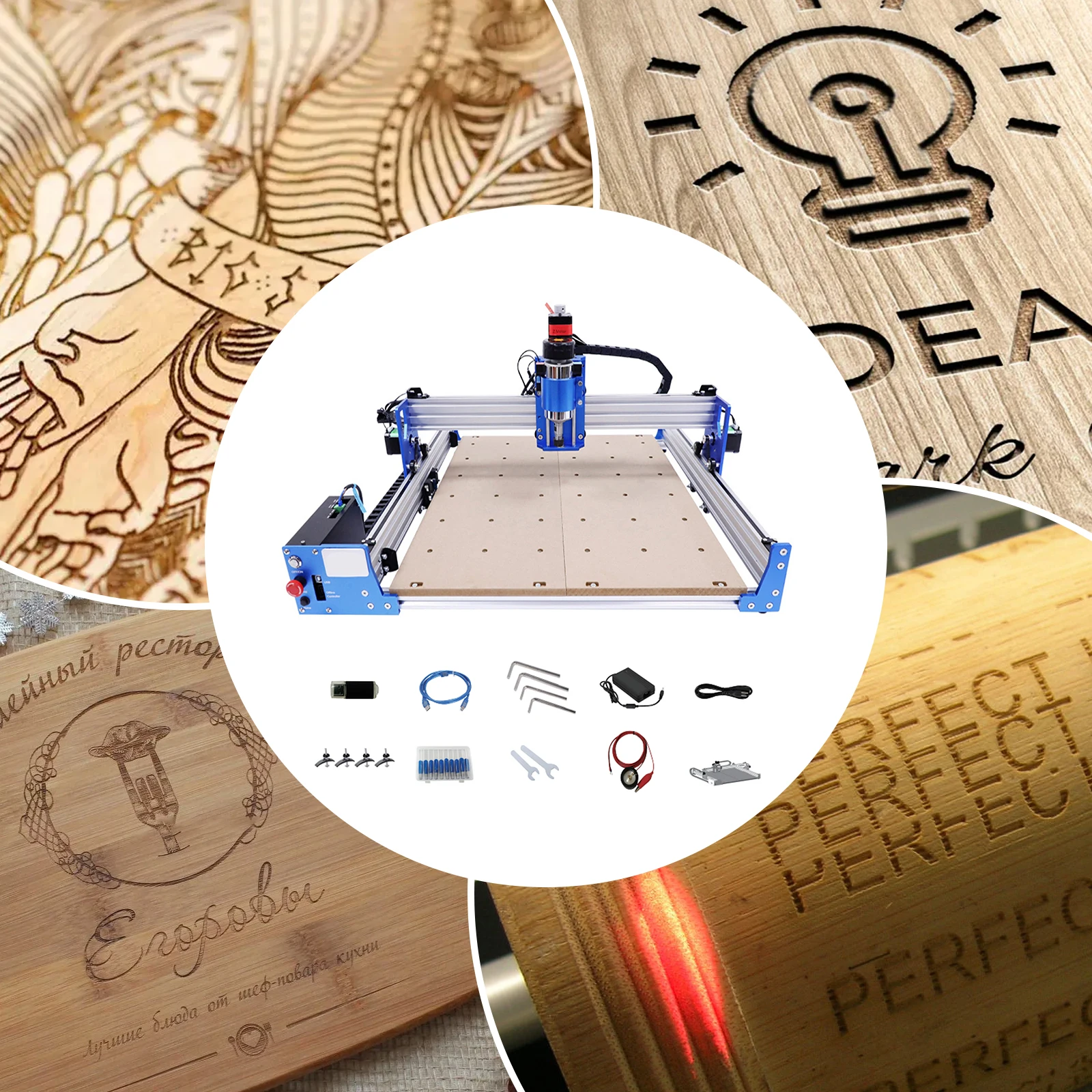 CNC Router Engraving Milling Machine Kit Spindle Motor USB GRBL Control CNC Engraver 400×400mm Working Area  High Precision Air Cooled Spindle CNC Router Machine for Wood PCB Plastic Carving