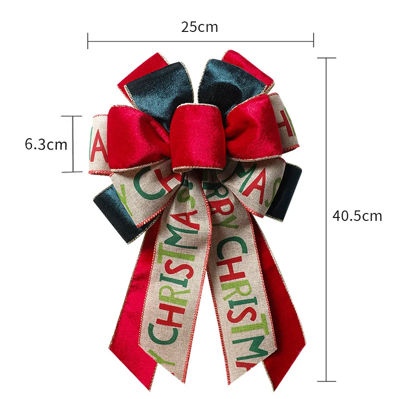 Colorful Letter Printing Multi-Layer Bow Christmas Door Hanging Ornaments Linen Snowflake Bow Gauze Sequins Color Bow Handmade