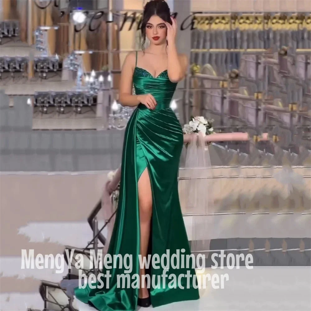 

ZHUISHU Emerald Green Evening Dress Spaghetti Straps Customized Beaded Sexy Split Wedding Prom Party Gown Satin Robes De Soirée