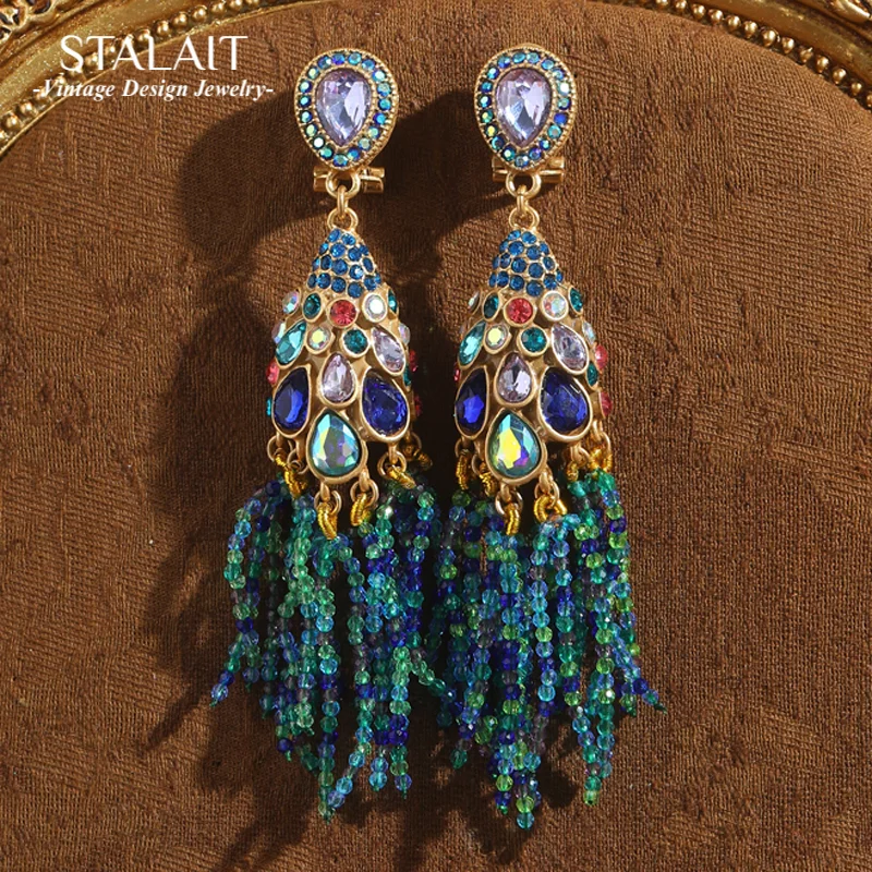 

Vintage Blue Beads Tassel Long Earrings For Women Colorful Rhinestones Crystal Peacock Feather Large Jewelry Luxury Thanksgiving