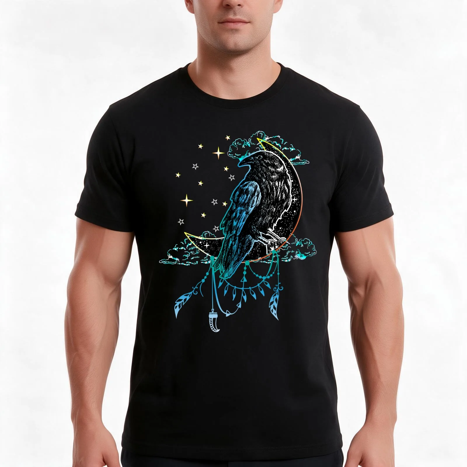Crow on the Moon - Black Raven T-Shirt, Summer Casual Cotton Tee, Oversized Streetwear Tops, Vintage Graphic Print, 100% Cotton