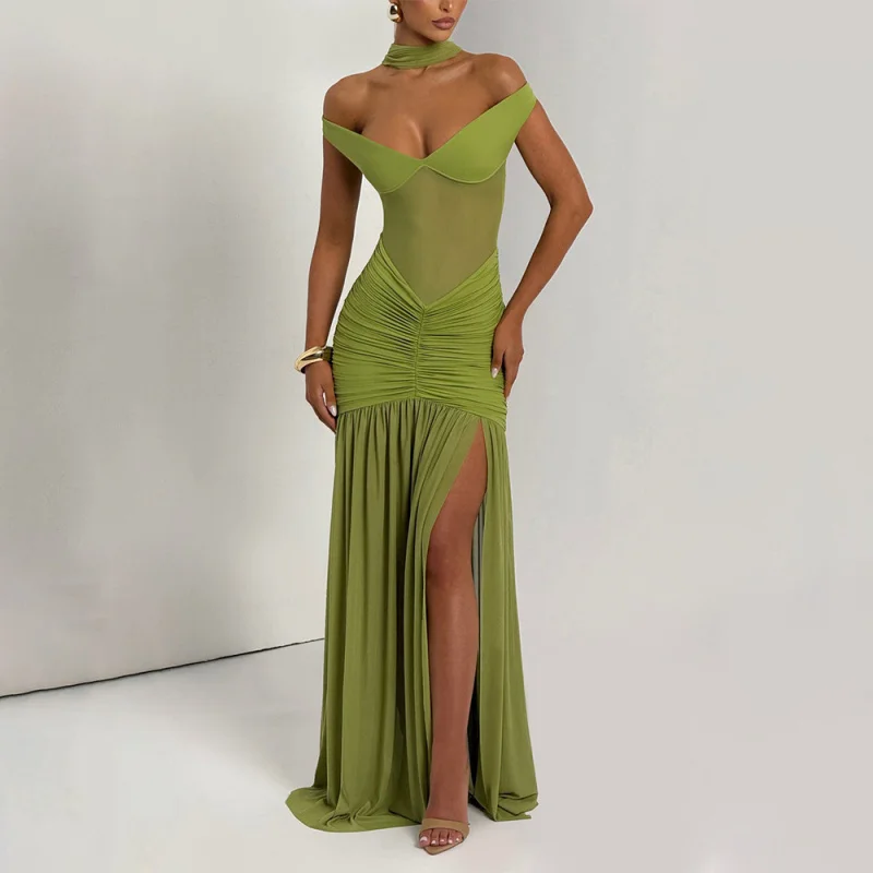 Summer Slant Shoulder Off-Shoulder Long Dress Slimming Tailored Splicing Fish-Tail Design for Elegant Fashion