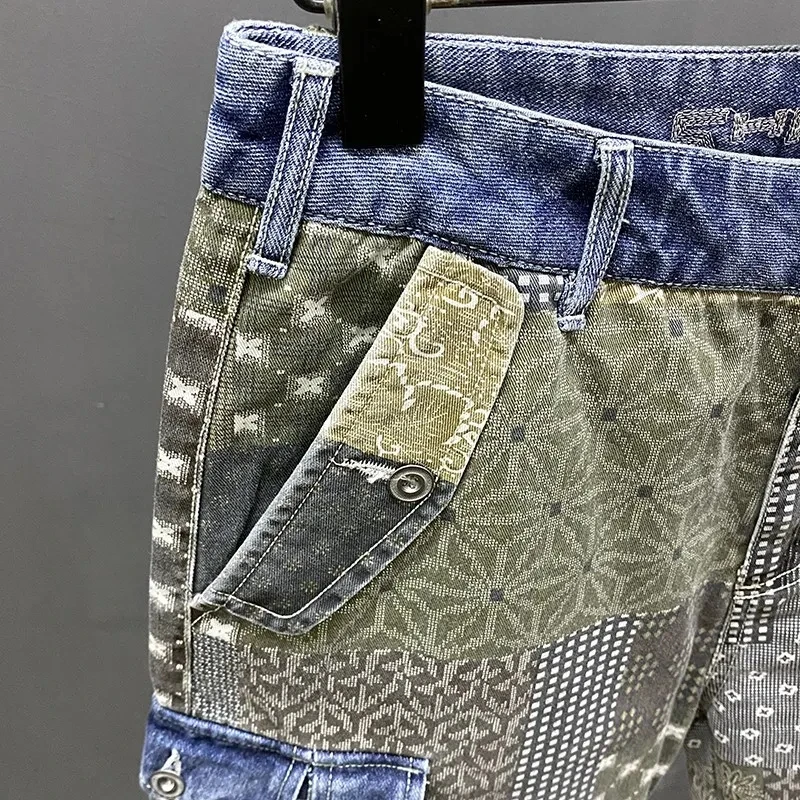 Letnie nowe spodenki jeansowe Cargo męskie nieregularne łączenie drukowane osobowość fala pięć punktów spodnie w kwiaty Streetwear Jeans Hombre