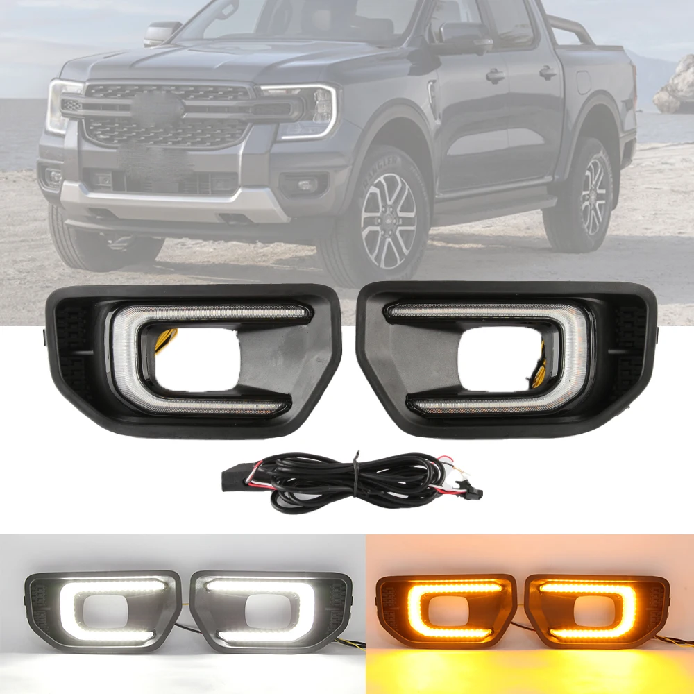 

2 Pieces Dynamic Turn Signal Yellow LED Daytime Running Lights Fog Lamp Cover DRL 12V Daylight for Ford Ranger 2022 2023