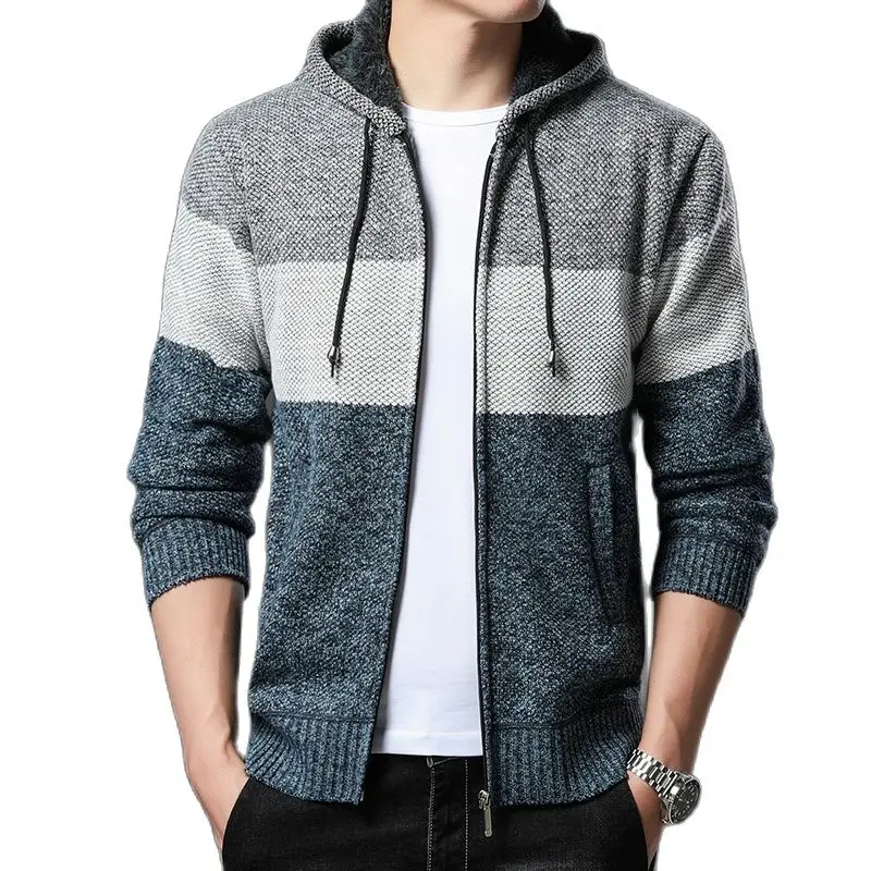 

Autumn/Winter Korean Style Men Cardigan Sweaters Men's Hooded Thickened with Velvet Sweater Coat Patchwork Knitted Jacket Male