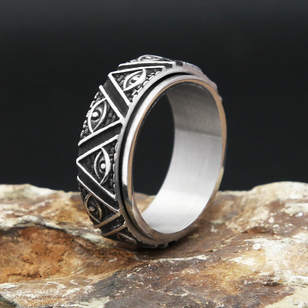 New Stainless Steel All Seeing Eye Rings For Men Women Fashion Triangular Pyramid Ancient Egyptian Ring Amulet Jewelry Rotatable