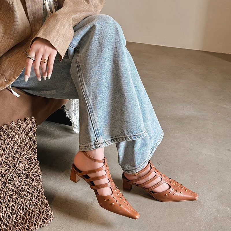 

Genuine Leather Roman Sandals Studded Cutout Closed Toe Chunky Heel Fashion High Heel Shoes for Women