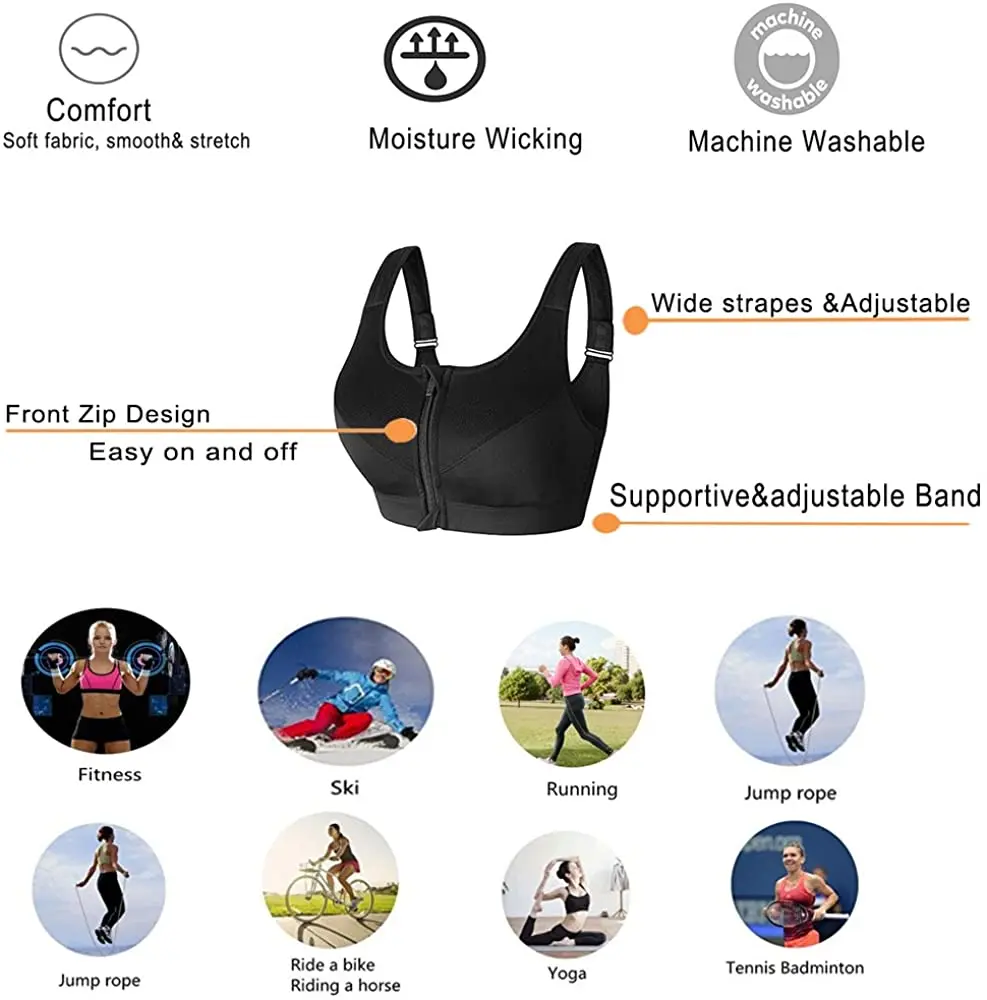 Women Sports Bra Crop Top Fitness Sportswear Bras Fitness Female Zipper Underwear Running Shockproof Bras Push Up 5XL Plus Size