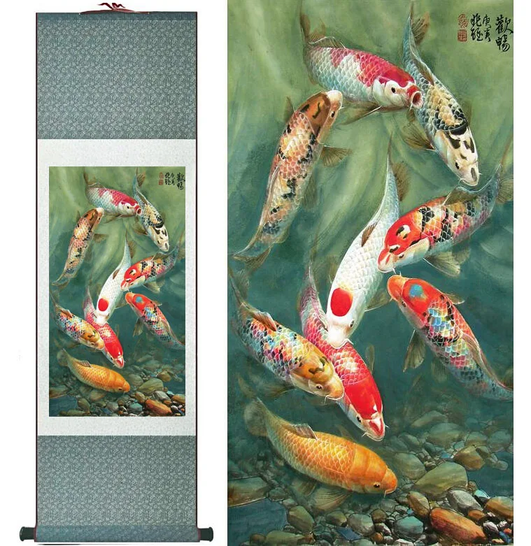 Fish painting Silk scroll paintings traditional art Chinese painting 