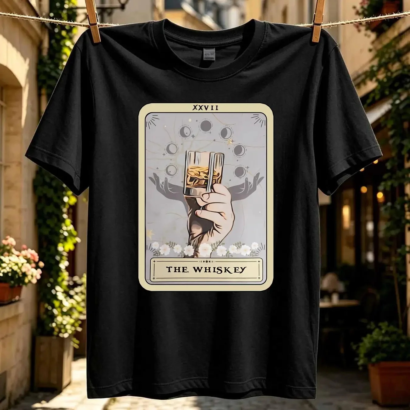 washed T Shirt Whiskey The Tarot Card Lover s Bartender long or short sleeves vintage Washed Versatile Top For Everyday Wear
