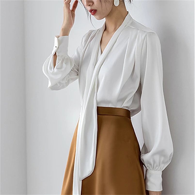 Spring Satin Shirts Vintage Glossy Tops Premium Bow V-Neck Blouses white Blusas  blusas femininas elegantes estilo coreano