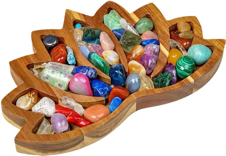 

Crystal stone lotus shaped tray display storage box with pine wood handicraft decorations
